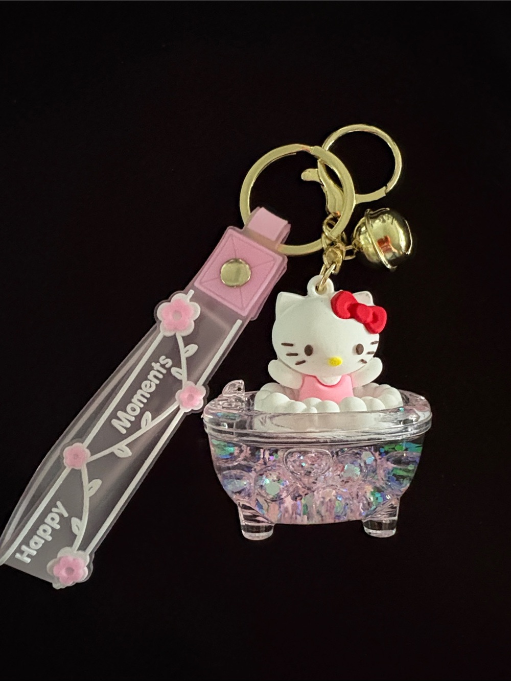 Hello Kitty Pink Bubble Glitter Boba Balls Bathtub Keychain Bag Charm with Strap